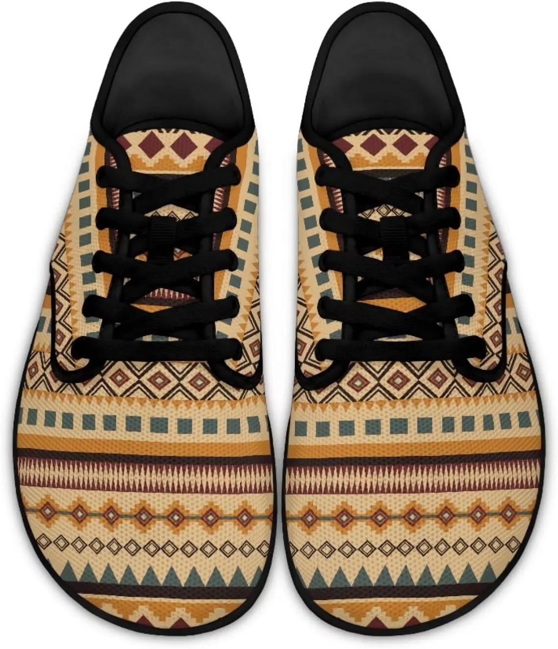 Howilath Western Aztec Lace up Barefoot Shoes Running Sneakers Flat Shoes Casual Sport Shoes with EVA Sole