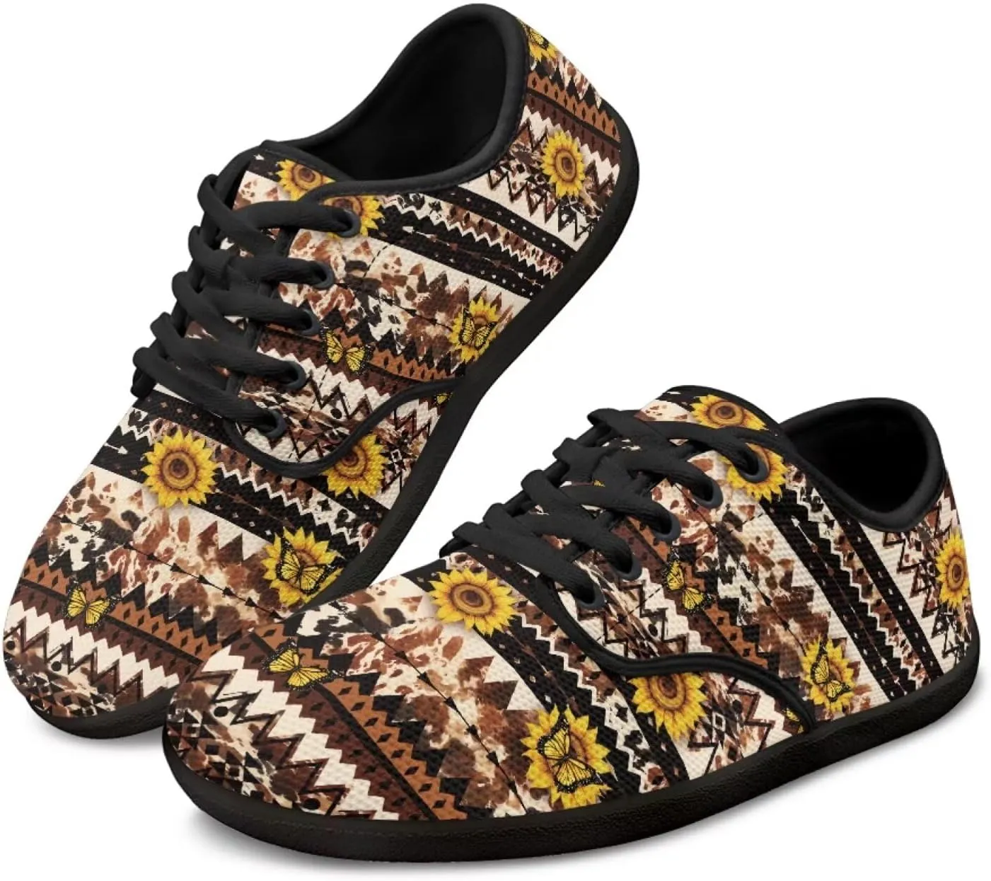 Howilath Western Aztec Lace up Barefoot Shoes Running Sneakers Flat Shoes Casual Sport Shoes with EVA Sole
