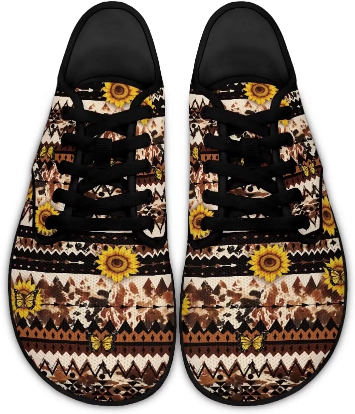 Howilath Western Aztec Lace up Barefoot Shoes Running Sneakers Flat Shoes Casual Sport Shoes with EVA Sole