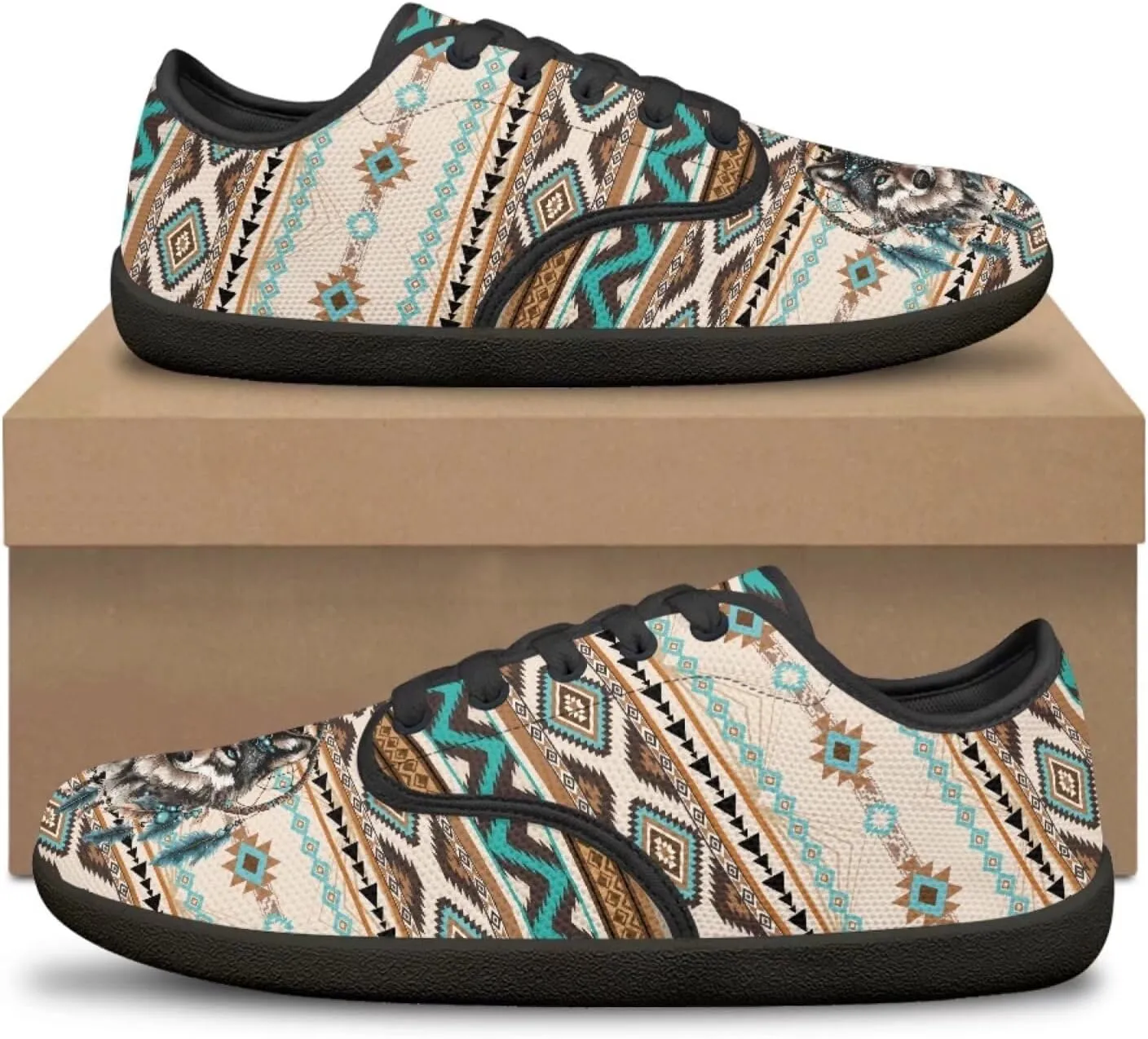 Howilath Western Aztec Lace up Barefoot Shoes Running Sneakers Flat Shoes Casual Sport Shoes with EVA Sole