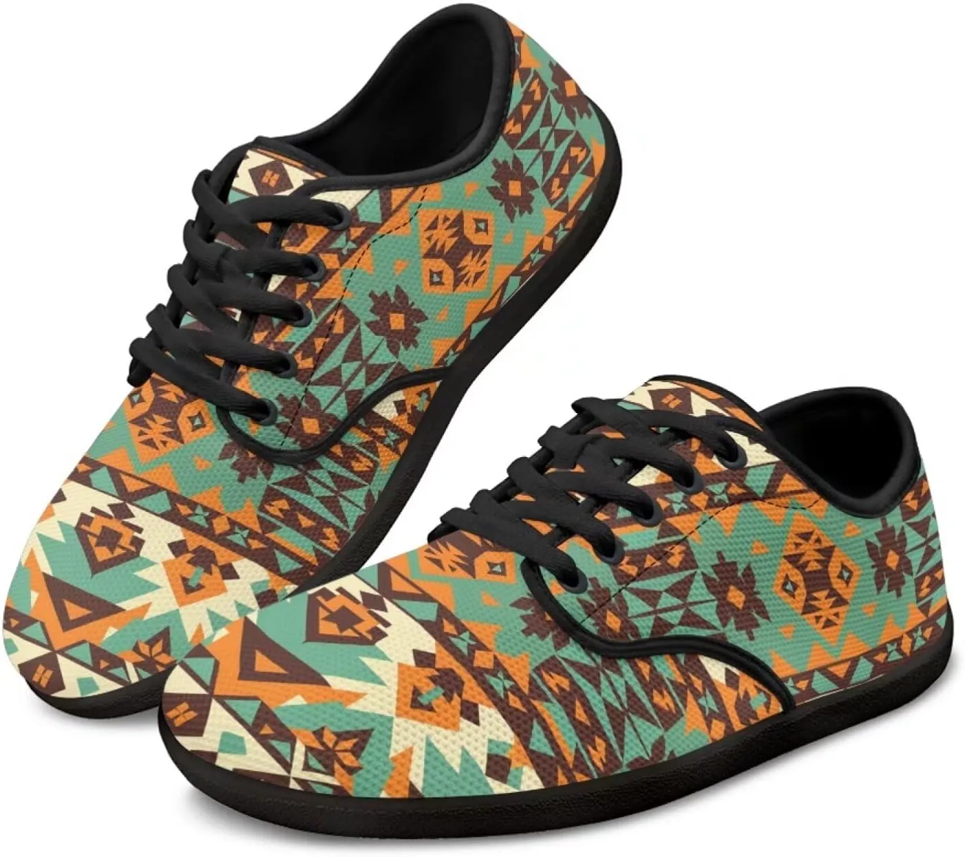 Howilath Western Aztec Lace up Barefoot Shoes Running Sneakers Flat Shoes Casual Sport Shoes with EVA Sole