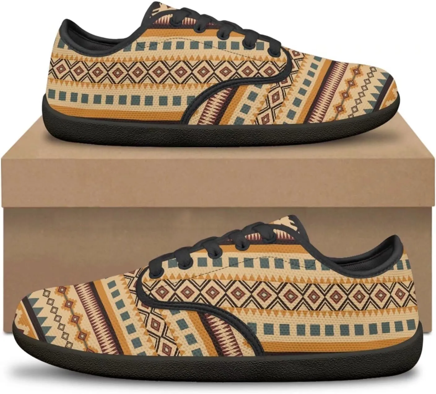 Howilath Western Aztec Lace up Barefoot Shoes Running Sneakers Flat Shoes Casual Sport Shoes with EVA Sole