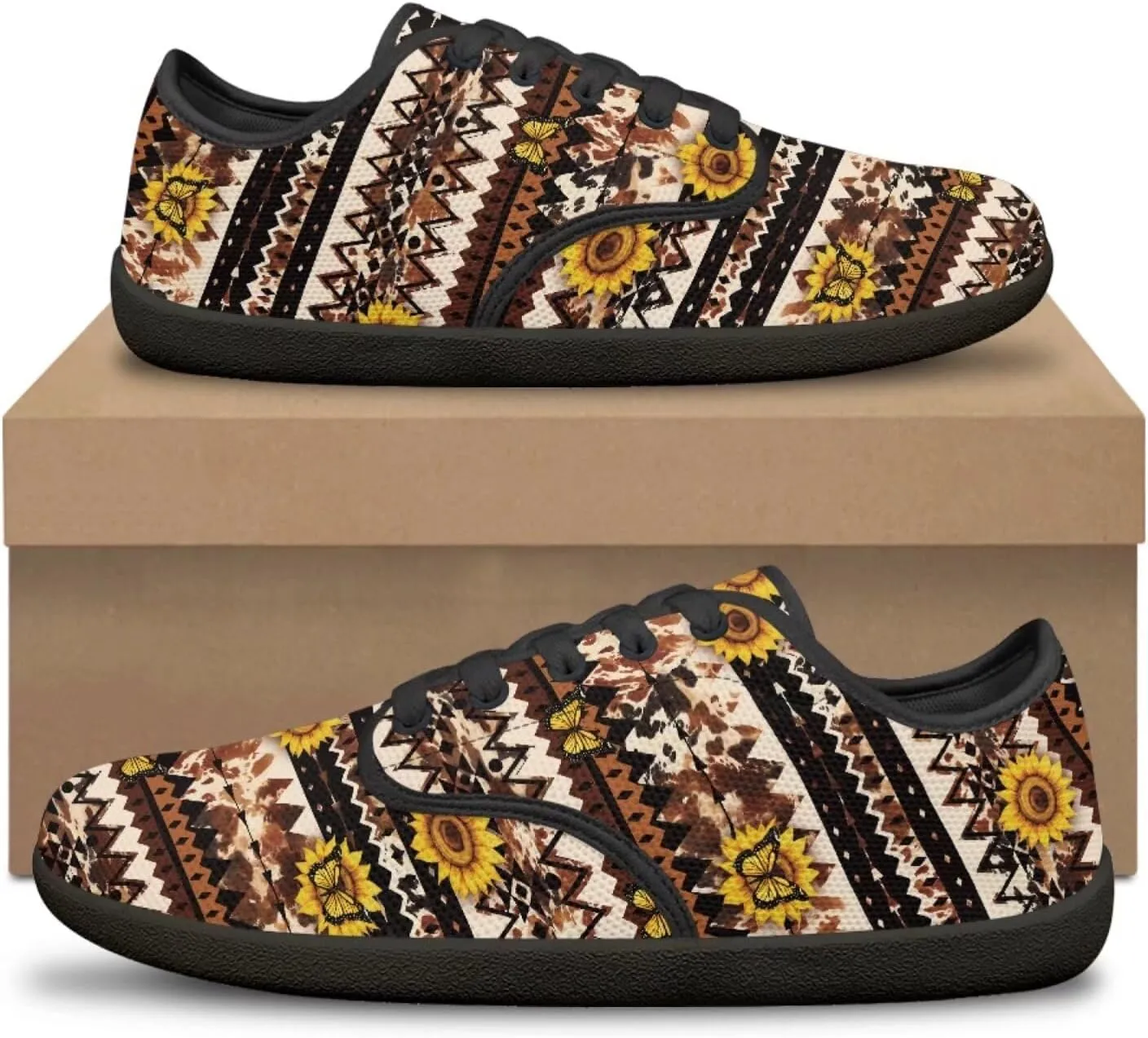 Howilath Western Aztec Lace up Barefoot Shoes Running Sneakers Flat Shoes Casual Sport Shoes with EVA Sole