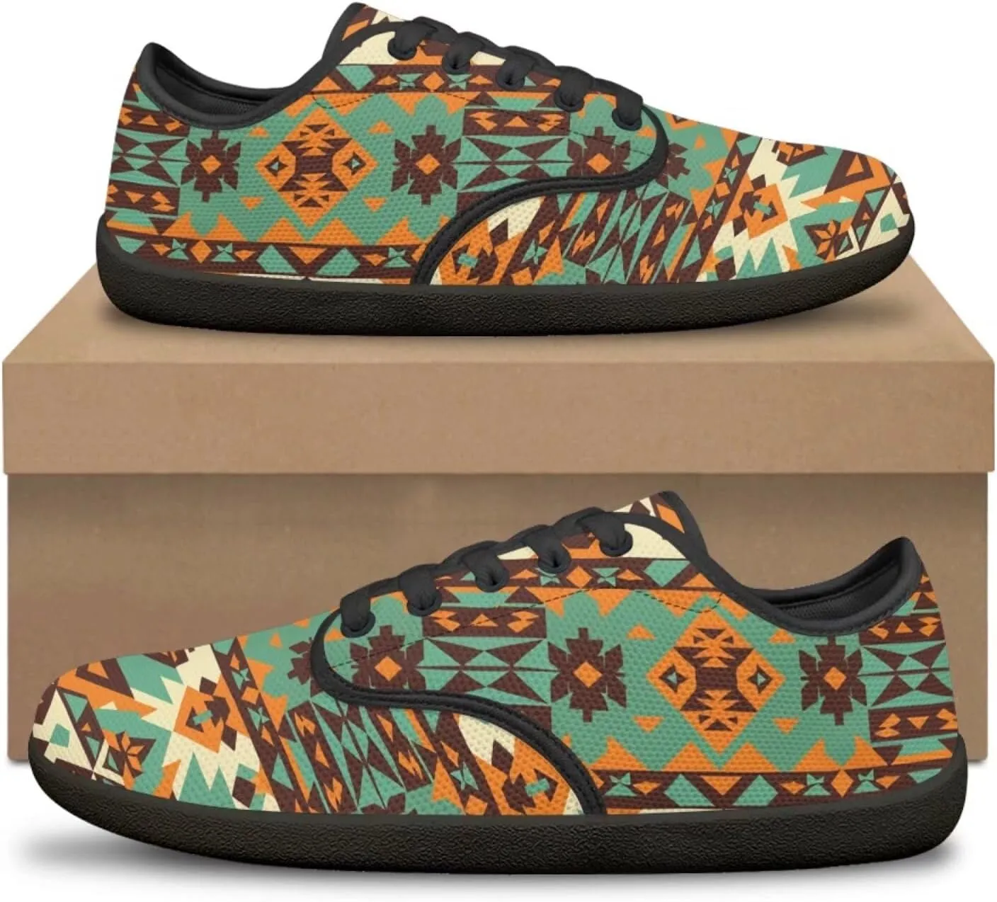 Howilath Western Aztec Lace up Barefoot Shoes Running Sneakers Flat Shoes Casual Sport Shoes with EVA Sole