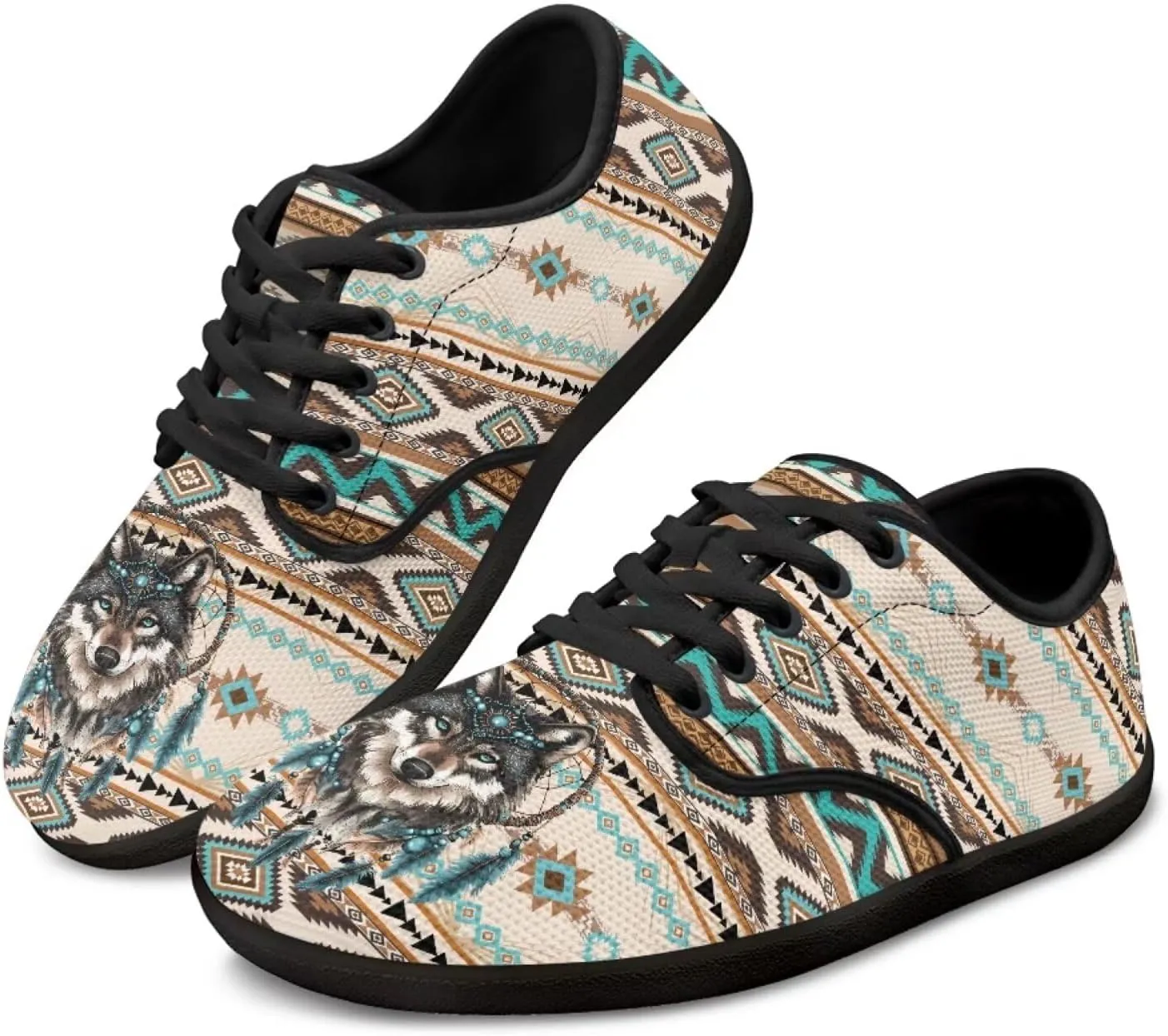 Howilath Western Aztec Lace up Barefoot Shoes Running Sneakers Flat Shoes Casual Sport Shoes with EVA Sole