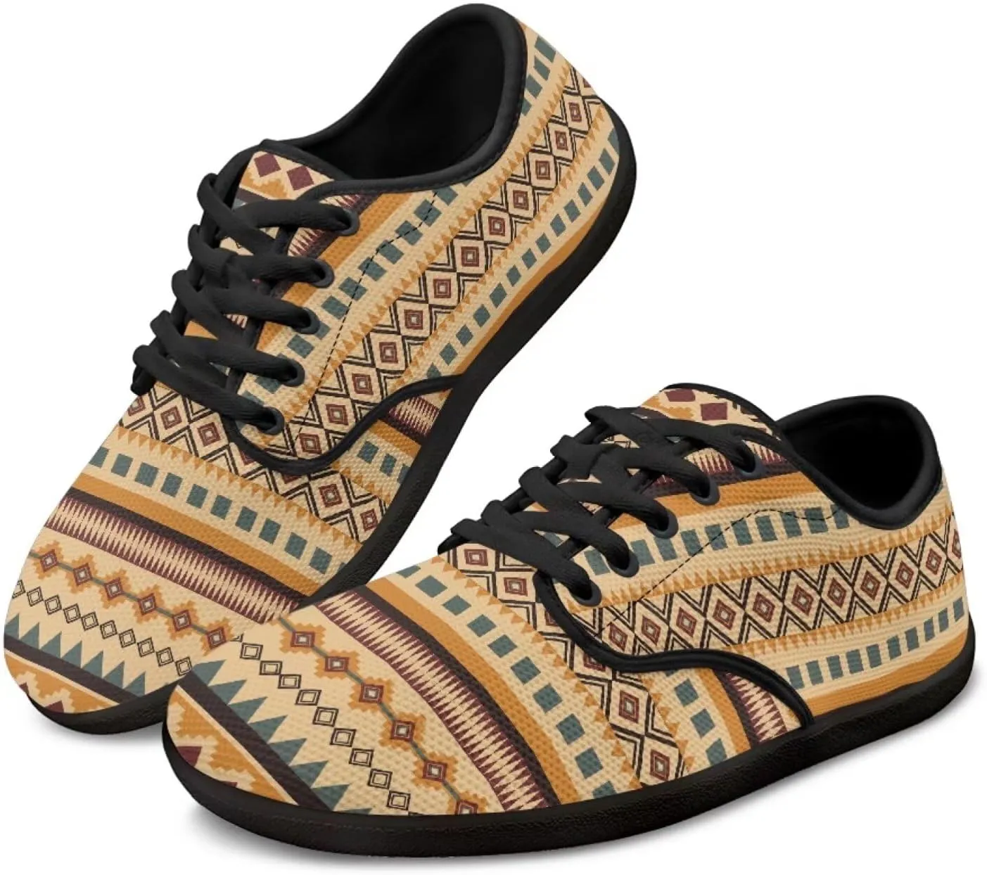 Howilath Western Aztec Lace up Barefoot Shoes Running Sneakers Flat Shoes Casual Sport Shoes with EVA Sole