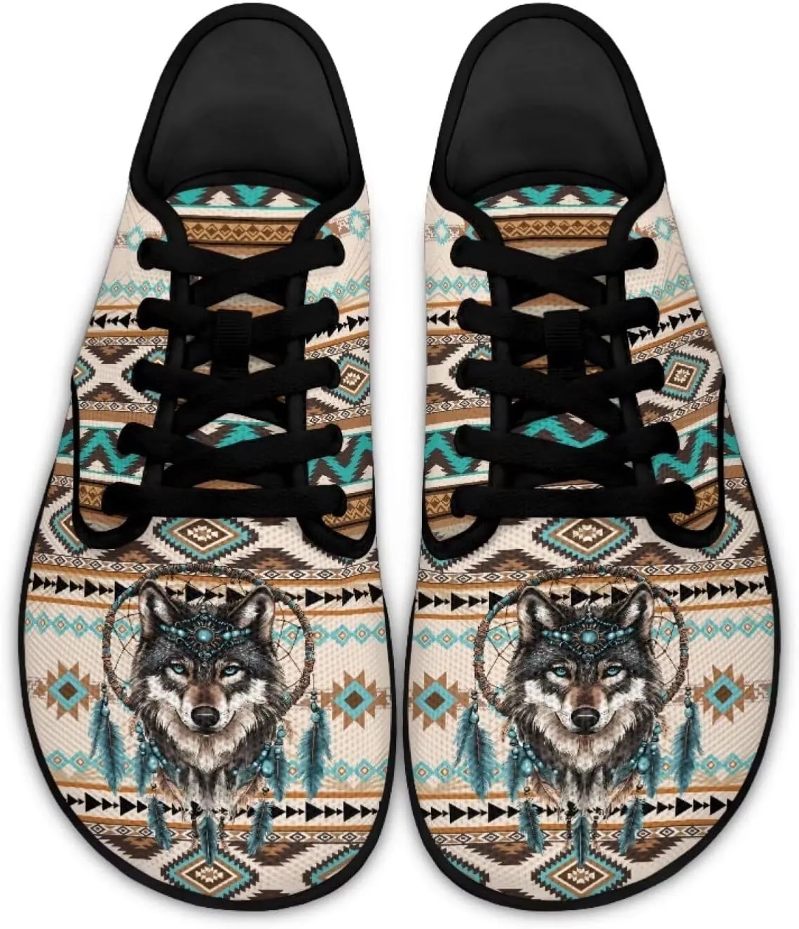 Howilath Western Aztec Lace up Barefoot Shoes Running Sneakers Flat Shoes Casual Sport Shoes with EVA Sole