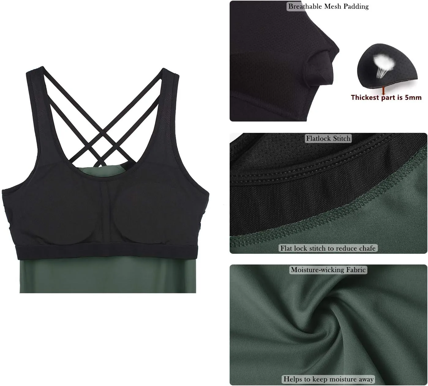 icyzone Women's Activewear Workout Yoga Spaghetti Strap Racerback Tank Top with Built in Bra