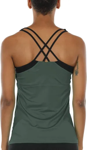 icyzone Women's Activewear Workout Yoga Spaghetti Strap Racerback Tank Top with Built in Bra