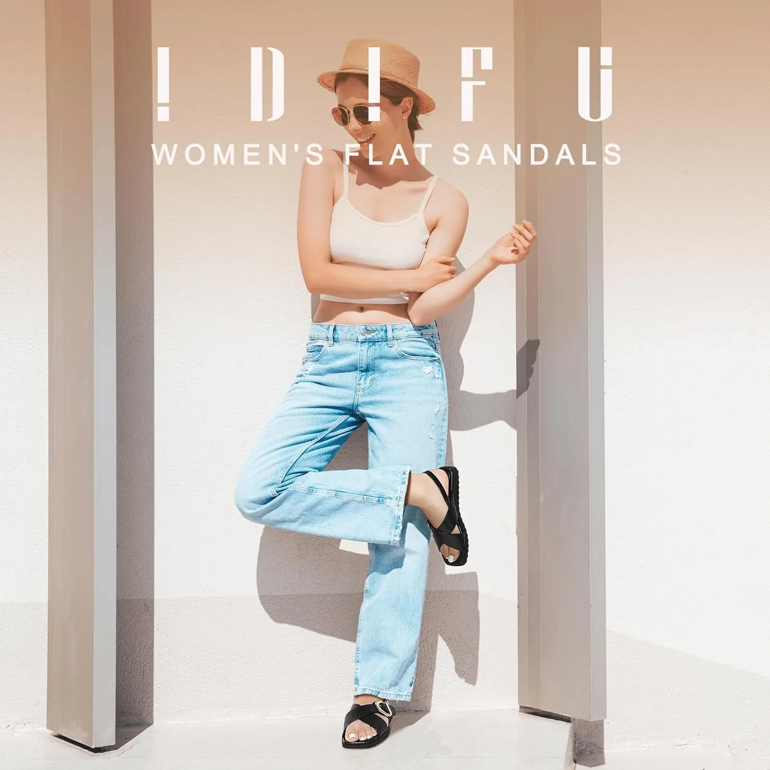 IDIFU Buckle Strappy Flat Sandals for Women Open Square Toe Cross Strap Ankle Strap Slingback Dress Women Ladies Comfortable Dressy Cute Trendy Casual Summer Walking Shoes Sandals