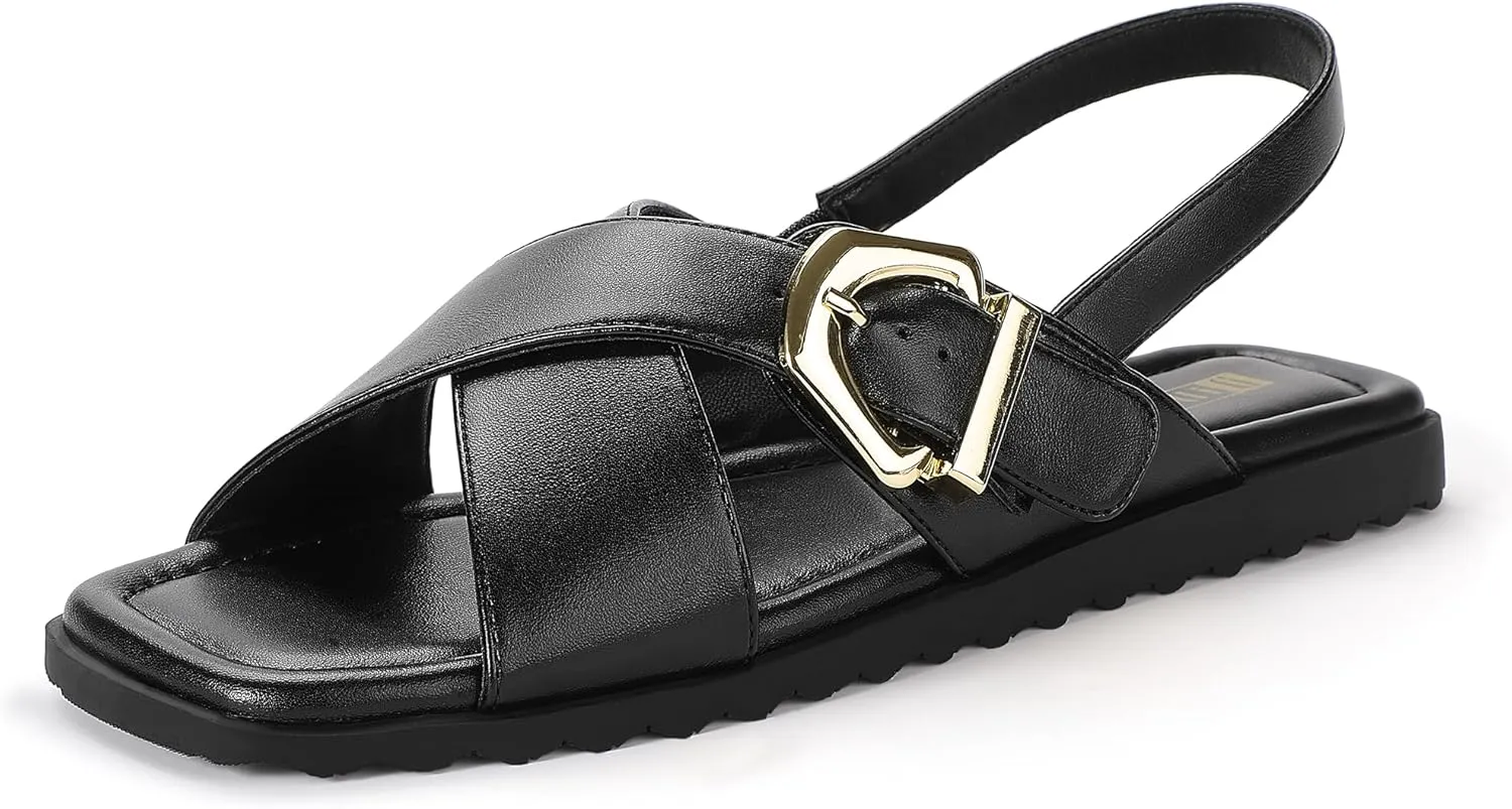 IDIFU Buckle Strappy Flat Sandals for Women Open Square Toe Cross Strap Ankle Strap Slingback Dress Women Ladies Comfortable Dressy Cute Trendy Casual Summer Walking Shoes Sandals