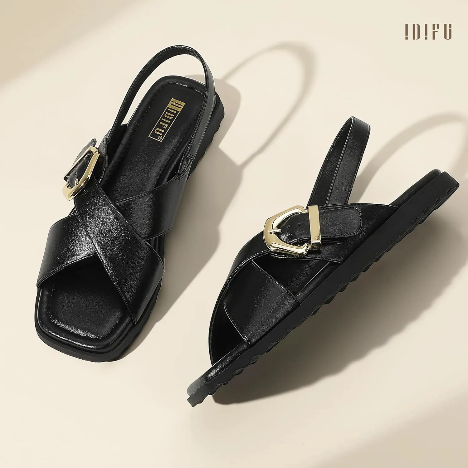 IDIFU Buckle Strappy Flat Sandals for Women Open Square Toe Cross Strap Ankle Strap Slingback Dress Women Ladies Comfortable Dressy Cute Trendy Casual Summer Walking Shoes Sandals