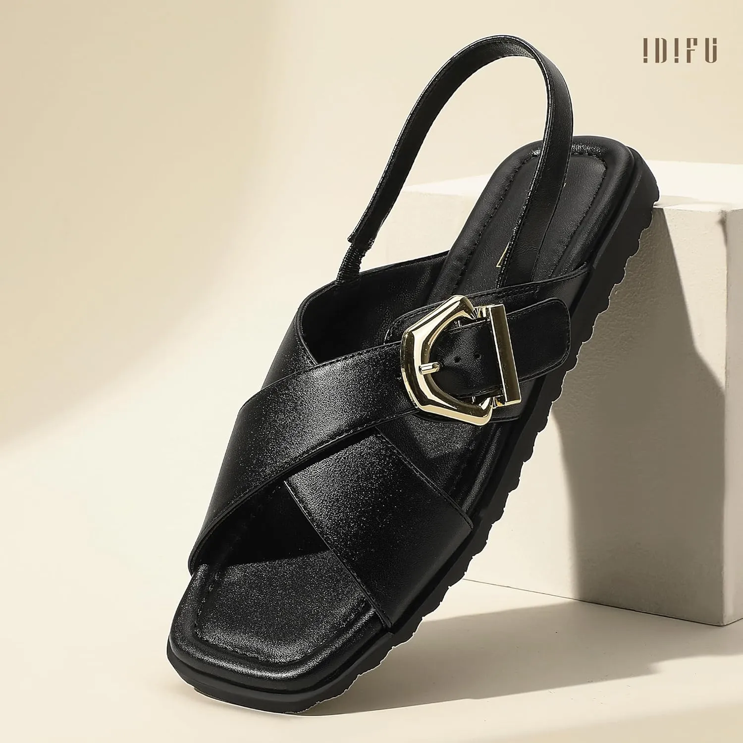 IDIFU Buckle Strappy Flat Sandals for Women Open Square Toe Cross Strap Ankle Strap Slingback Dress Women Ladies Comfortable Dressy Cute Trendy Casual Summer Walking Shoes Sandals