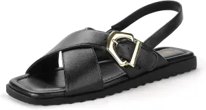 IDIFU Buckle Strappy Flat Sandals for Women Open Square Toe Cross Strap Ankle Strap Slingback Dress Women Ladies Comfortable Dressy Cute Trendy Casual Summer Walking Shoes Sandals