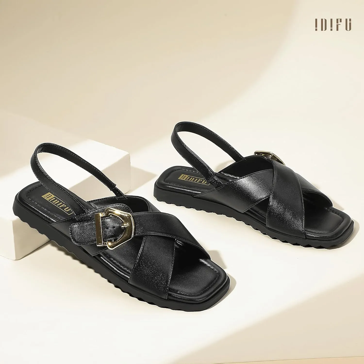 IDIFU Buckle Strappy Flat Sandals for Women Open Square Toe Cross Strap Ankle Strap Slingback Dress Women Ladies Comfortable Dressy Cute Trendy Casual Summer Walking Shoes Sandals