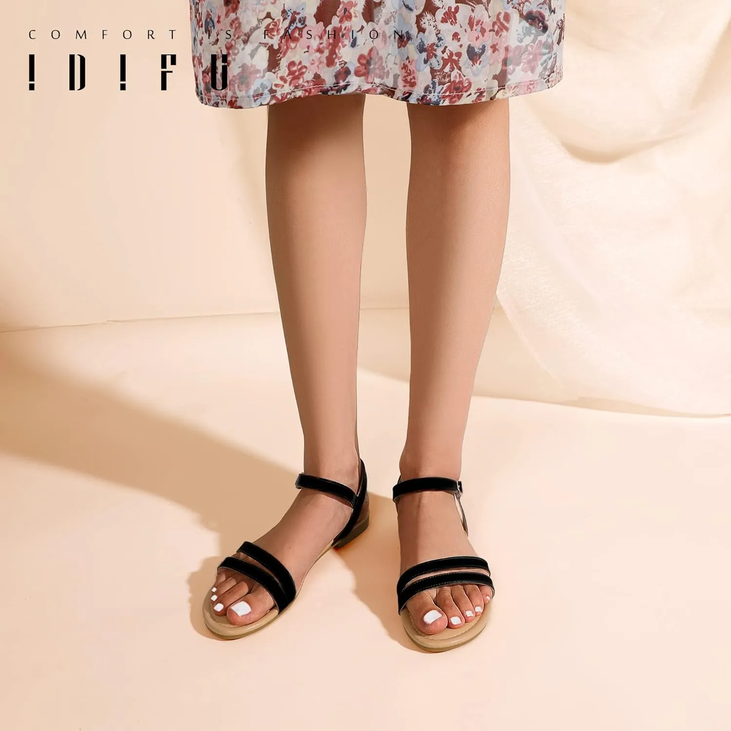 IDIFU Women's Flat Sandals Dressy Summer Strappy Sandals Open Toe Slingback Ankle Strap Dress Sandals with Two Toe Strap Wedding Prom Beach Bride Bridesmaid Sandals Comfortable Fashion Cute Sandals
