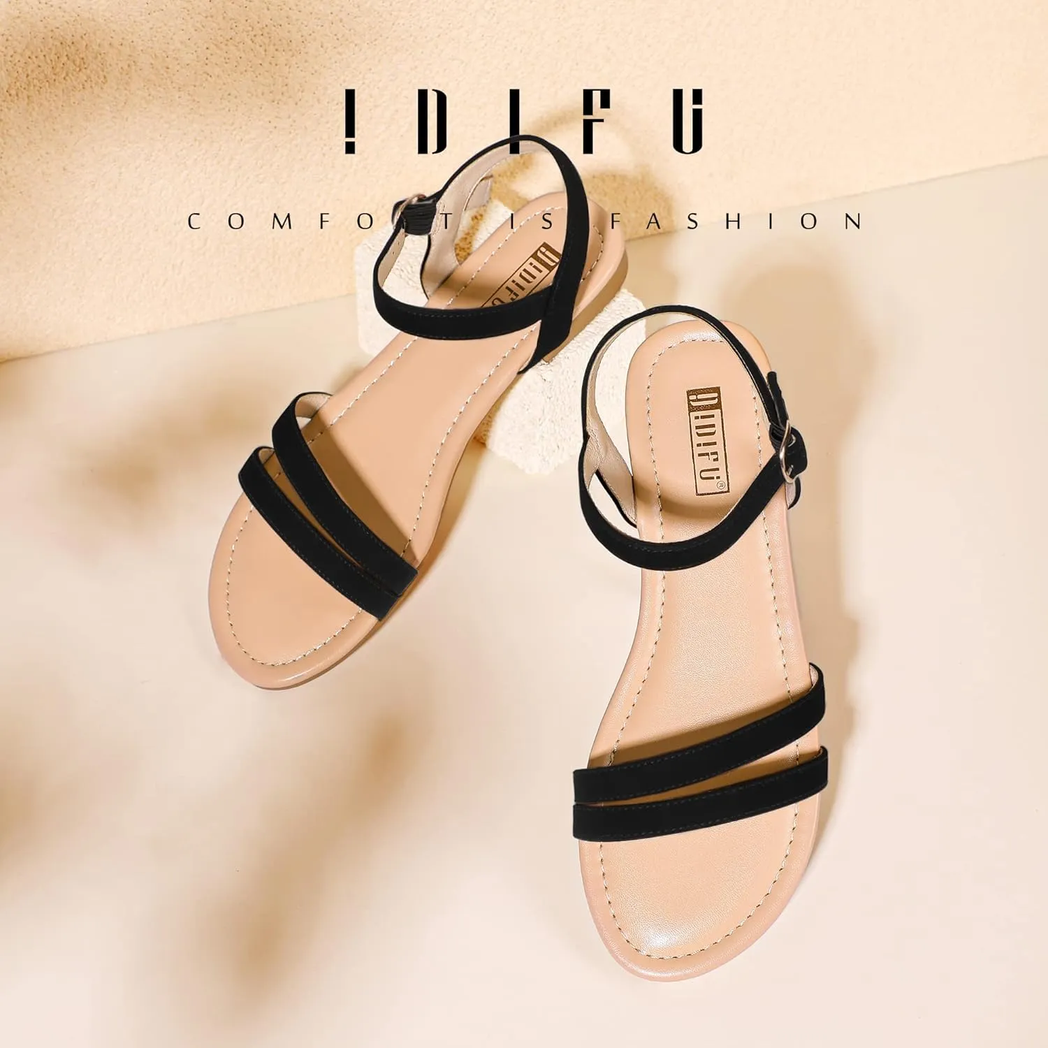 IDIFU Women's Flat Sandals Dressy Summer Strappy Sandals Open Toe Slingback Ankle Strap Dress Sandals with Two Toe Strap Wedding Prom Beach Bride Bridesmaid Sandals Comfortable Fashion Cute Sandals
