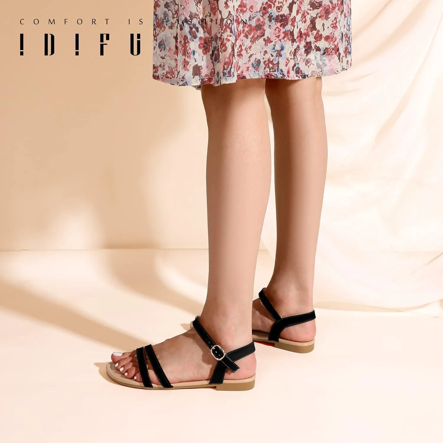 IDIFU Women's Flat Sandals Dressy Summer Strappy Sandals Open Toe Slingback Ankle Strap Dress Sandals with Two Toe Strap Wedding Prom Beach Bride Bridesmaid Sandals Comfortable Fashion Cute Sandals