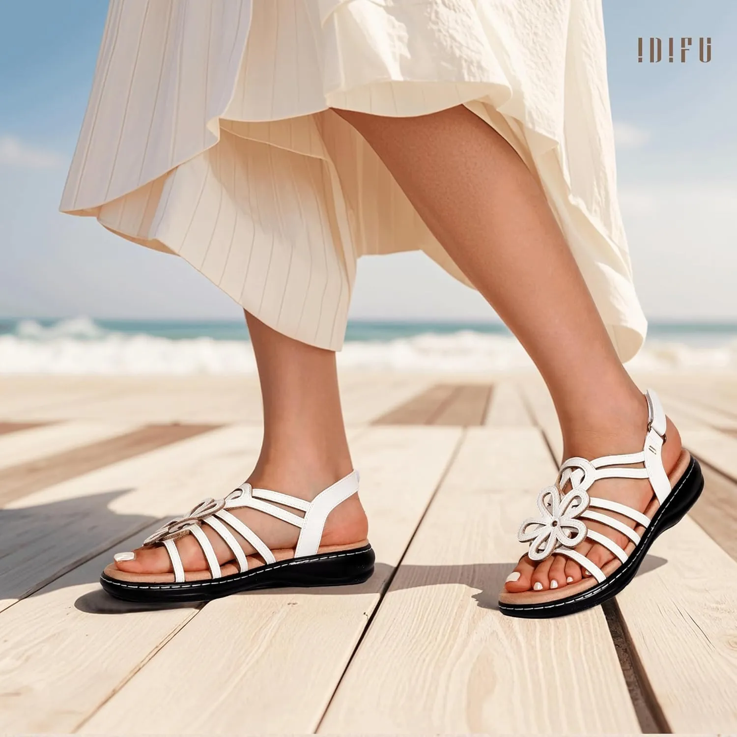 IDIFU Women's Sandals Strappy Back Strap Open Toe Slingback Sandals Summer Beach Walking Wedding Bridal Dress Sandals for Women Travel Dressy Comfortable Trendy Casual Flats Sandals - Wide Width