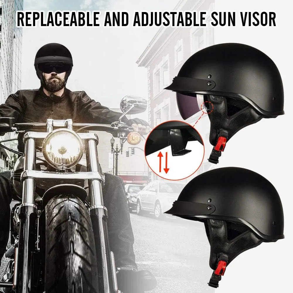 ILM Half Helmet Motorcycle Open Face Sun Visor Quick Release Buckle DOT Approved Cycling Motocross Suits Men Women 205V (M, Matt Black)