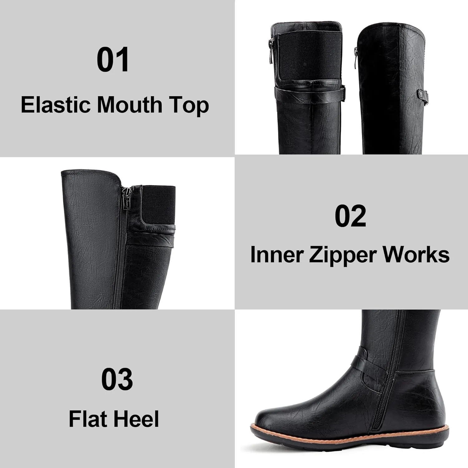 Jeossy Women's 9655 Knee High Boots Flat Riding Tall Boots with Buckle and Side Zipper