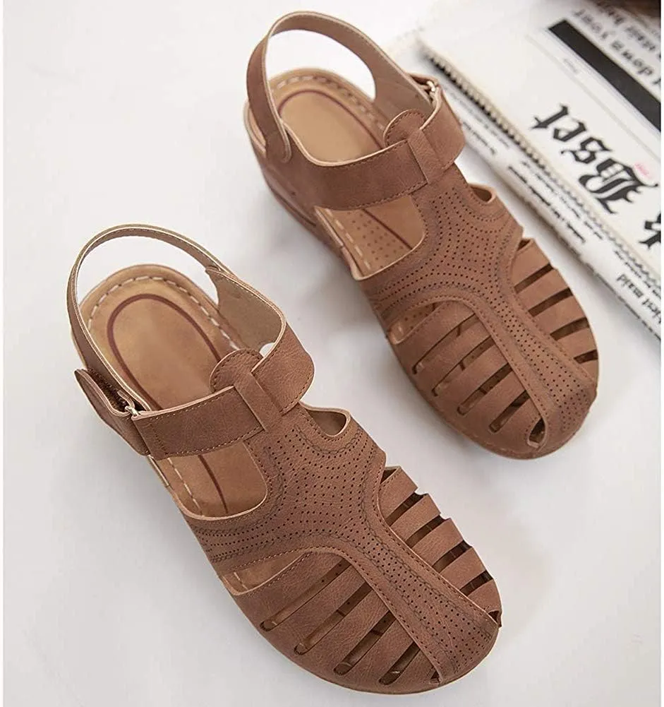 JITUUE Women's Summer Beach Wedge Sandals Bohemia Flip-Flop Ankle Strap Causal Closed Toe Cutout Flats Soft Comfort Comfy Low Wedge Shoes Gladiator Outdoor Shoes