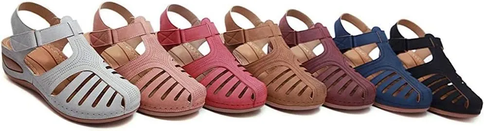 JITUUE Women's Summer Beach Wedge Sandals Bohemia Flip-Flop Ankle Strap Causal Closed Toe Cutout Flats Soft Comfort Comfy Low Wedge Shoes Gladiator Outdoor Shoes