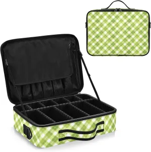 junzan Gingham Large Makeup Organizer Bag Travel Makeup Train Case Flat Make Up Artist Case with Dividers and Adjustable Strap Neon Green
