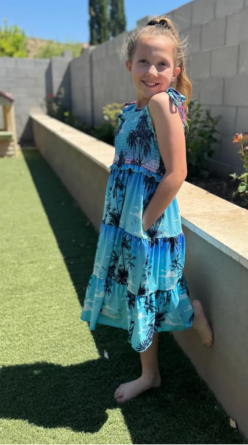 Kids4ever Girls Spaghetti Strap Dress 6-12Y Kids Sleeveless Cami Dresses Summer Beach Smocked Tiered Sundress with Pockets
