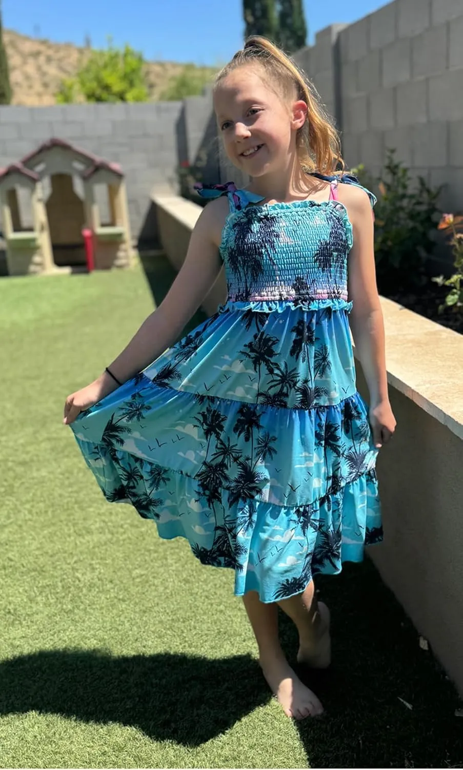 Kids4ever Girls Spaghetti Strap Dress 6-12Y Kids Sleeveless Cami Dresses Summer Beach Smocked Tiered Sundress with Pockets