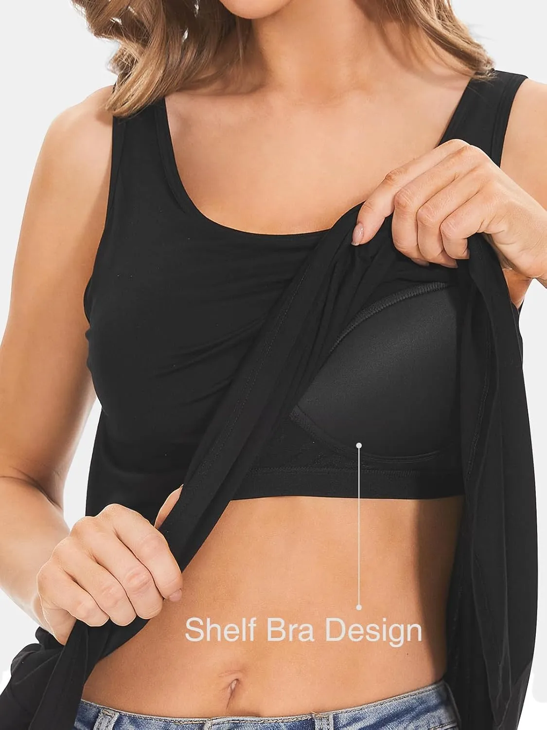 Kniffi Tank Tops for Women Built in Bra Tank Pleated Loose Fit Tank Top Casual Flowy S-XXXXL