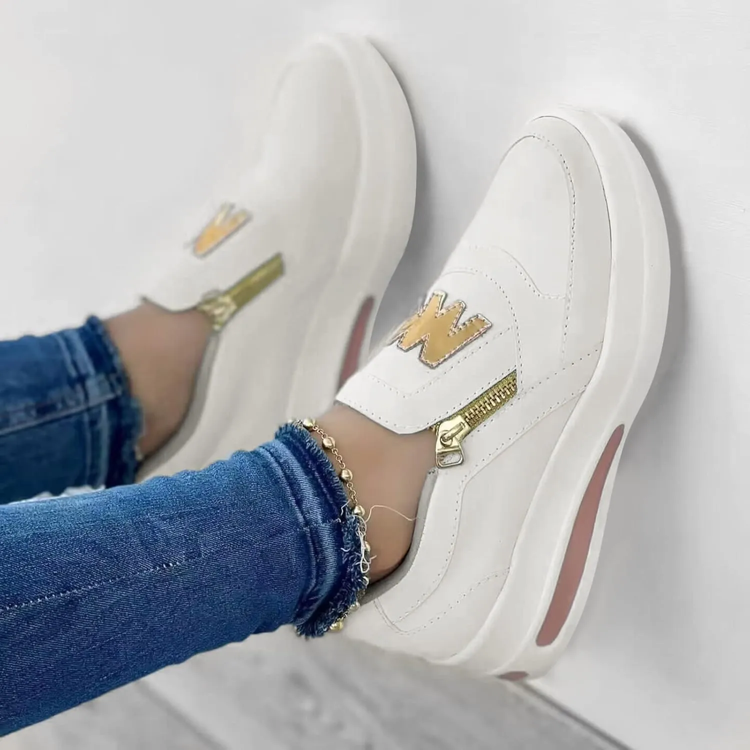 Ladies Fashion Solid Color Flock Side Zipper Platform Comfortable Casual Sports Shoes Womens Club C Sneaker