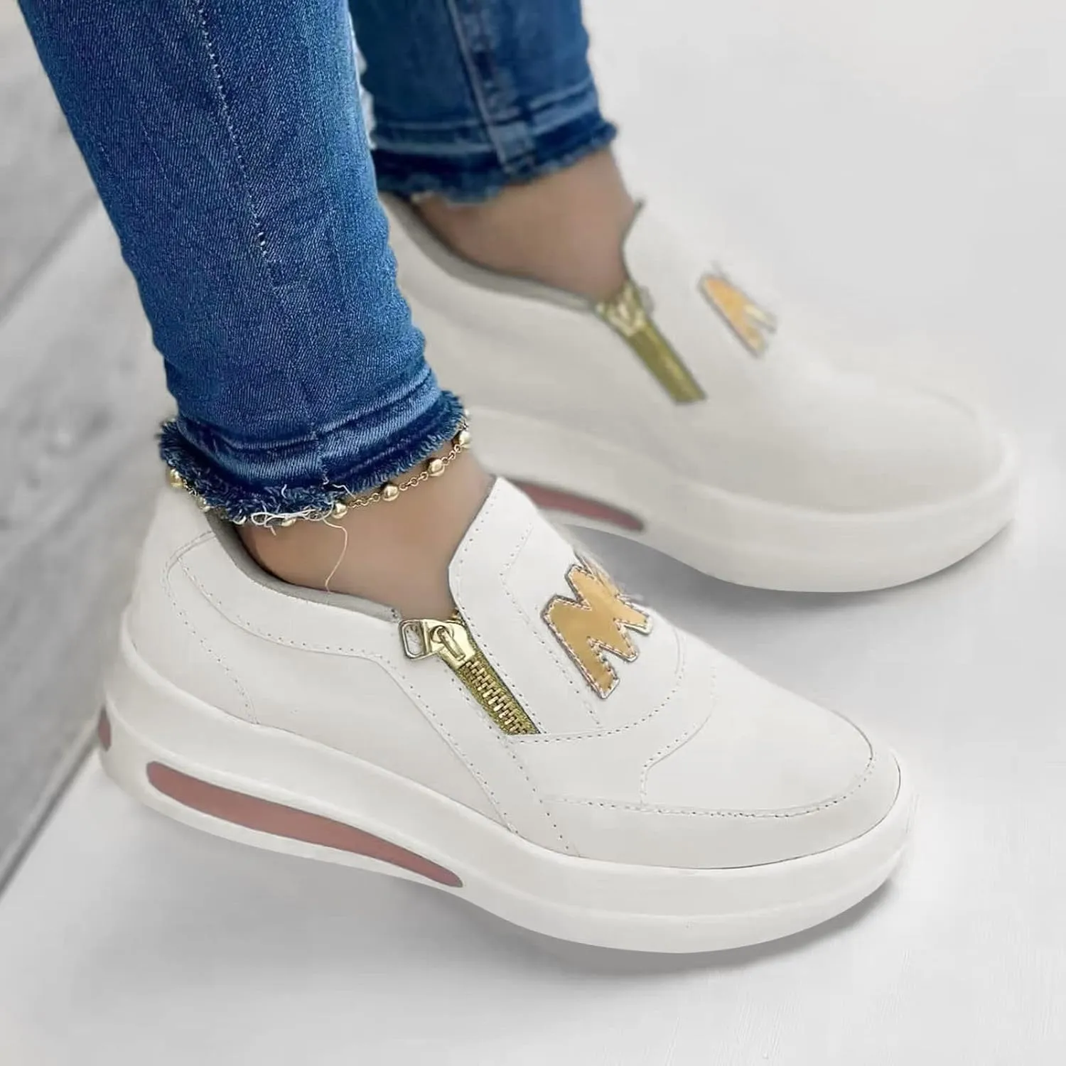 Ladies Fashion Solid Color Flock Side Zipper Platform Comfortable Casual Sports Shoes Womens Club C Sneaker