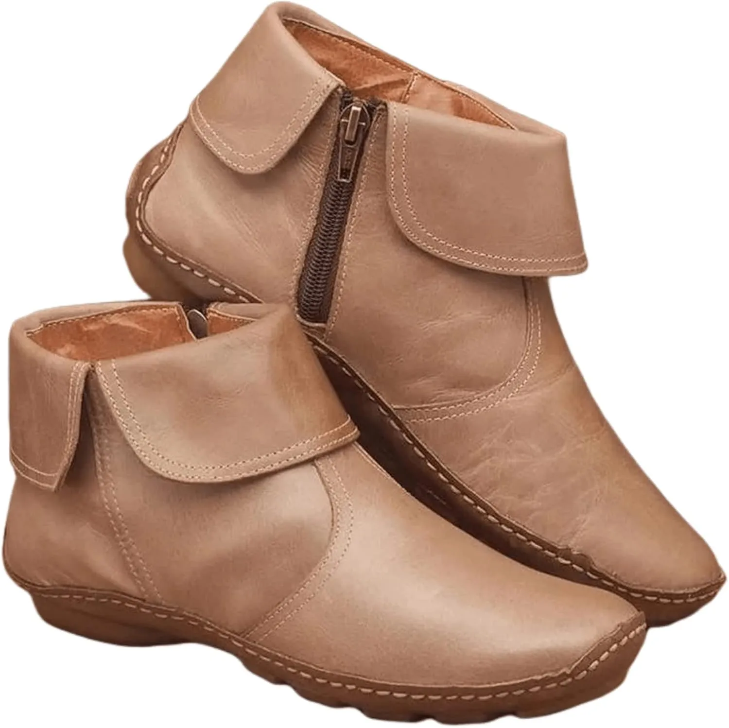 Ladmiple Ankle Boots For Women No Heel Casual Side Zipper Western Cowgirl Cowboy Booties Short Combat Walking Shoes