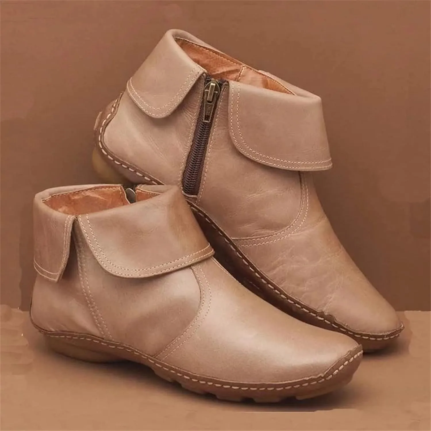 Ladmiple Ankle Boots For Women No Heel Casual Side Zipper Western Cowgirl Cowboy Booties Short Combat Walking Shoes