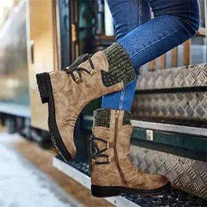 Ladmiple Ankle Boots Women Comfort Mid Calf Riding Winter Boots Side Zipper Low Heel Motorcycle Combat Military Biker Western Booties