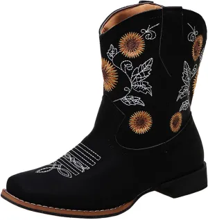 Ladmiple Boots For Women Fashion Dressy Embroidered Western Cowboy Ankle Boots Chunky Heel Retro Classic Boot Pull-On
