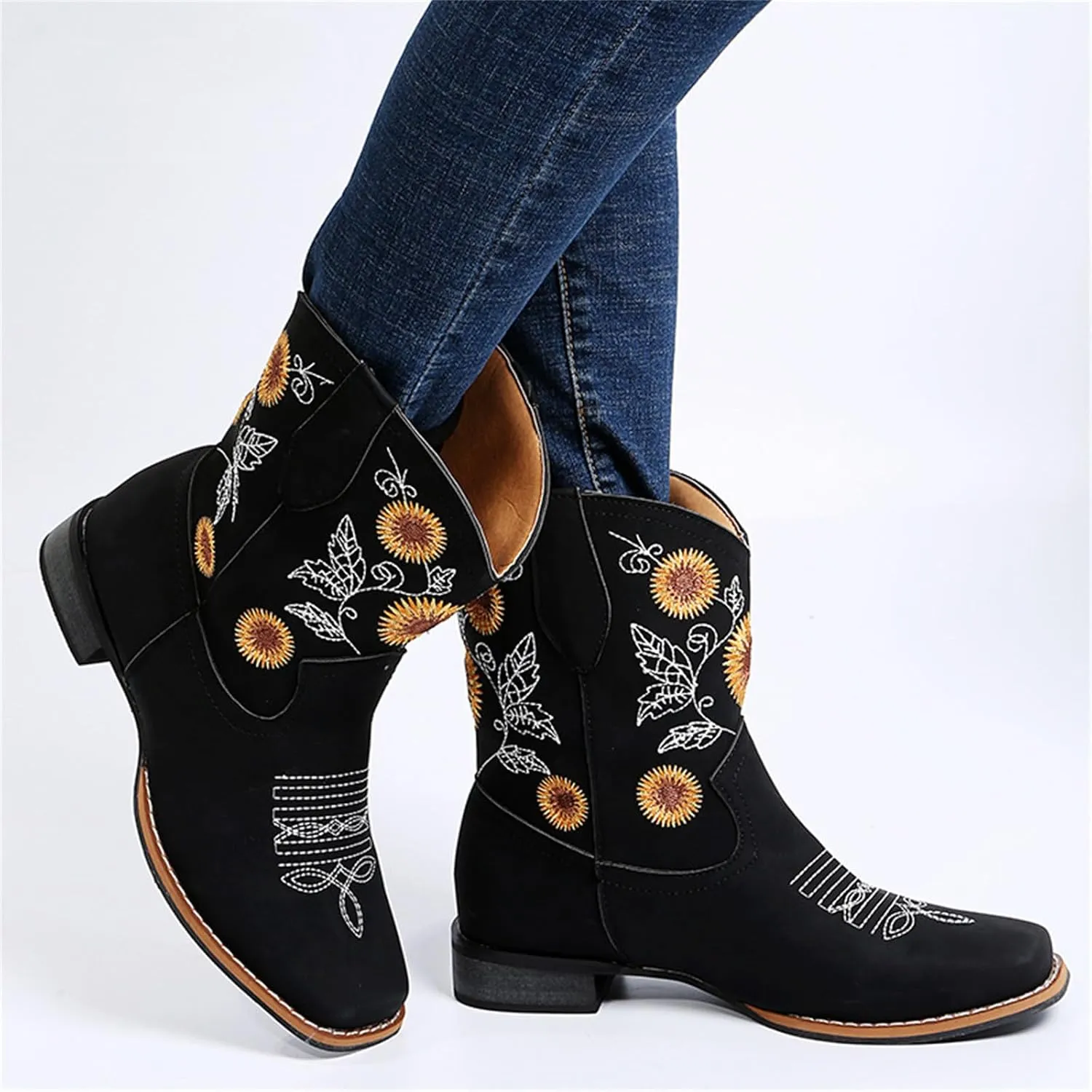 Ladmiple Boots For Women Fashion Dressy Embroidered Western Cowboy Ankle Boots Chunky Heel Retro Classic Boot Pull-On