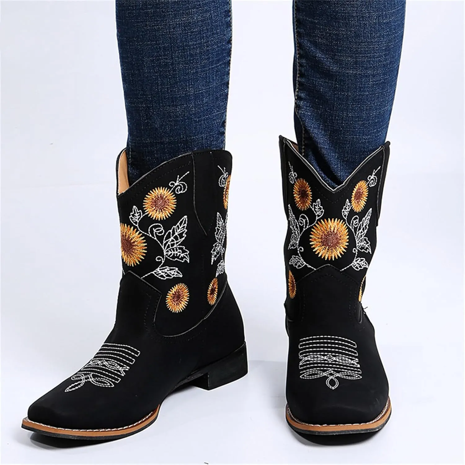 Ladmiple Boots For Women Fashion Dressy Embroidered Western Cowboy Ankle Boots Chunky Heel Retro Classic Boot Pull-On