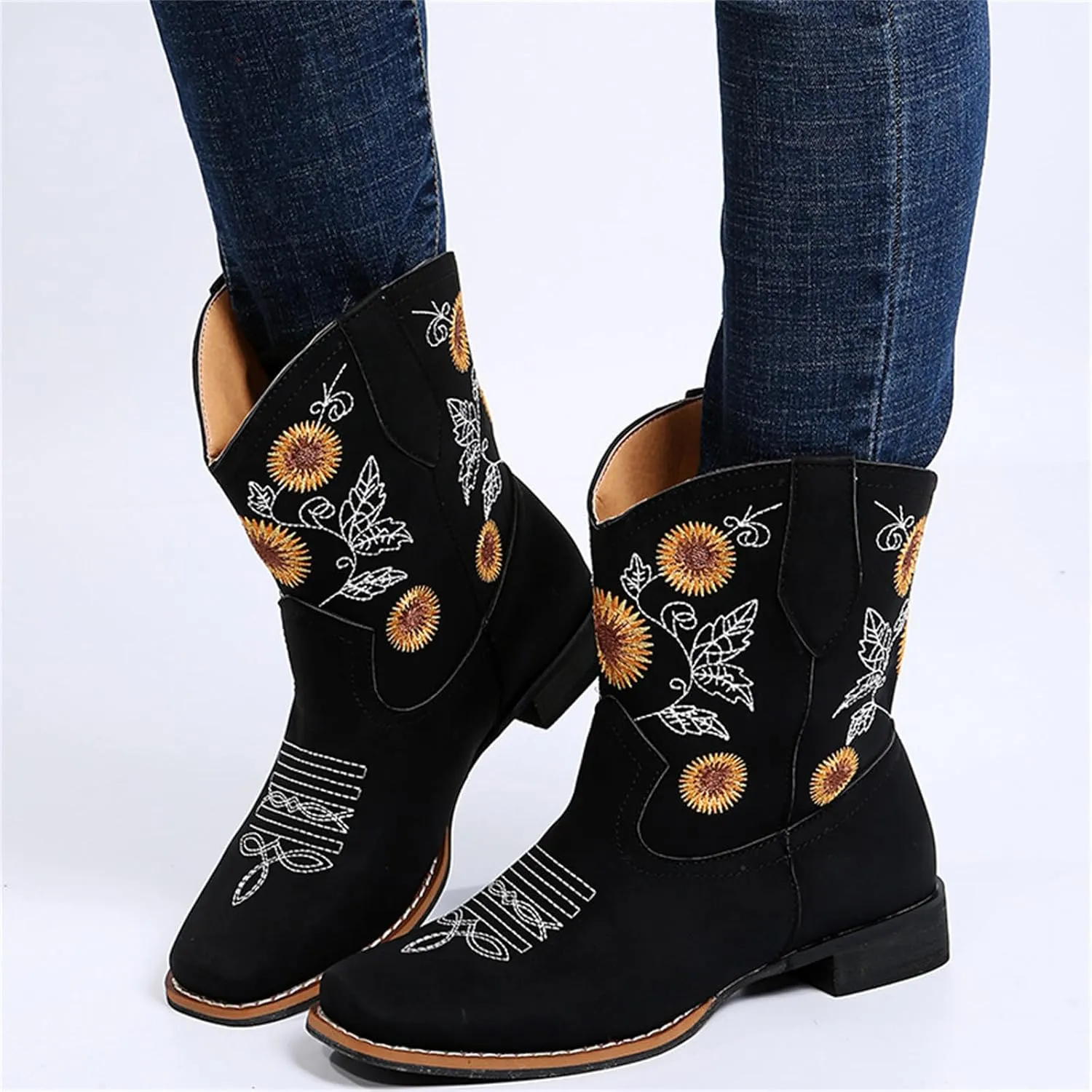 Ladmiple Boots For Women Fashion Dressy Embroidered Western Cowboy Ankle Boots Chunky Heel Retro Classic Boot Pull-On