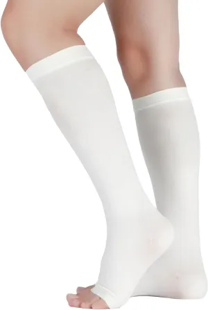 LIN PERFORMANCE 20-30 mmHg Medical Compression Socks for Women and Men Knee High Open Toe Stockings for Varicose Vein Swollen legs (M,White)