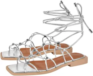 LISHAN Womens Gladiator Square Toe Flat Sandals Lace Up Cross Strappy Studded Flats