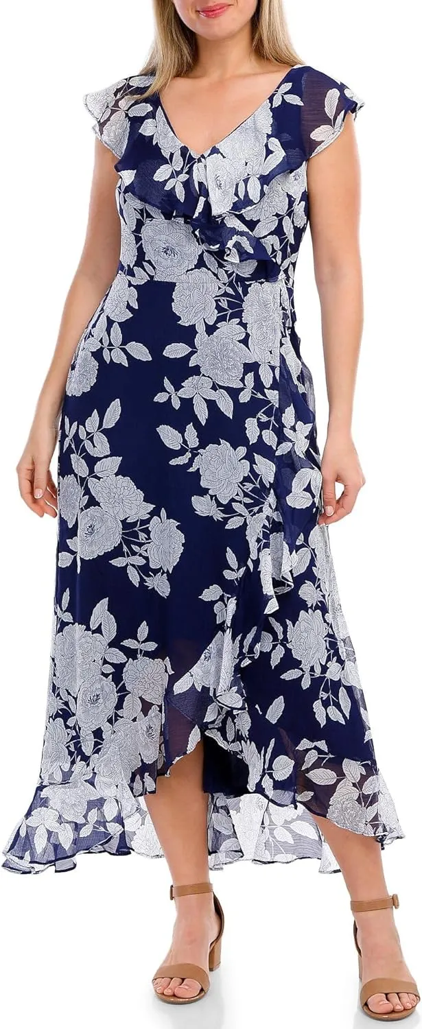 London Times Women's Ruffle Wrap Maxi Dress