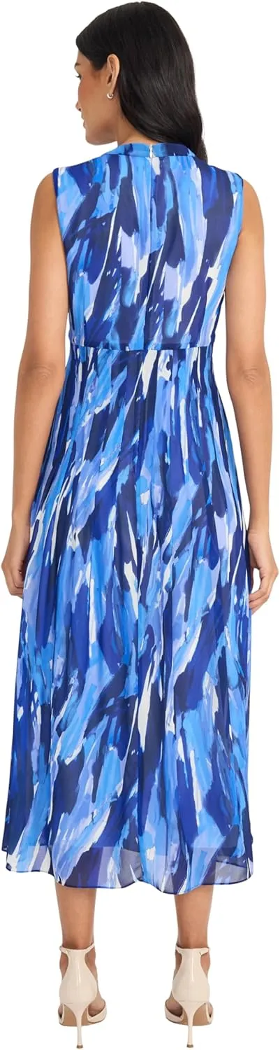 Maggy London Women's Empire Waist Mock Neck Sleeveless Midi-Flowy Semi Sheer line Wedding Guest Dress