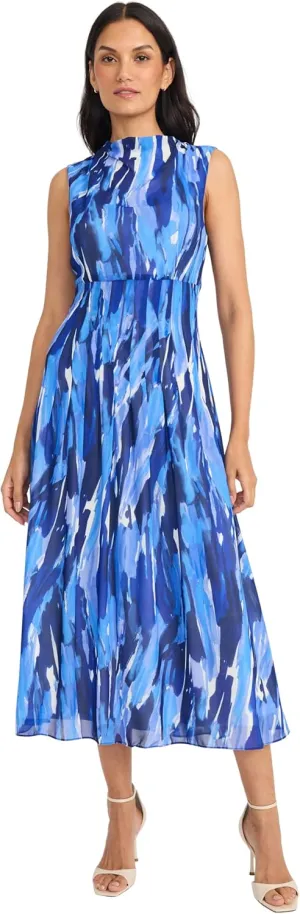 Maggy London Women's Empire Waist Mock Neck Sleeveless Midi-Flowy Semi Sheer line Wedding Guest Dress