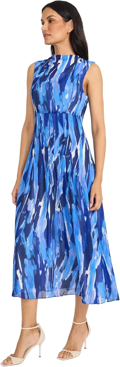 Maggy London Women's Empire Waist Mock Neck Sleeveless Midi-Flowy Semi Sheer line Wedding Guest Dress