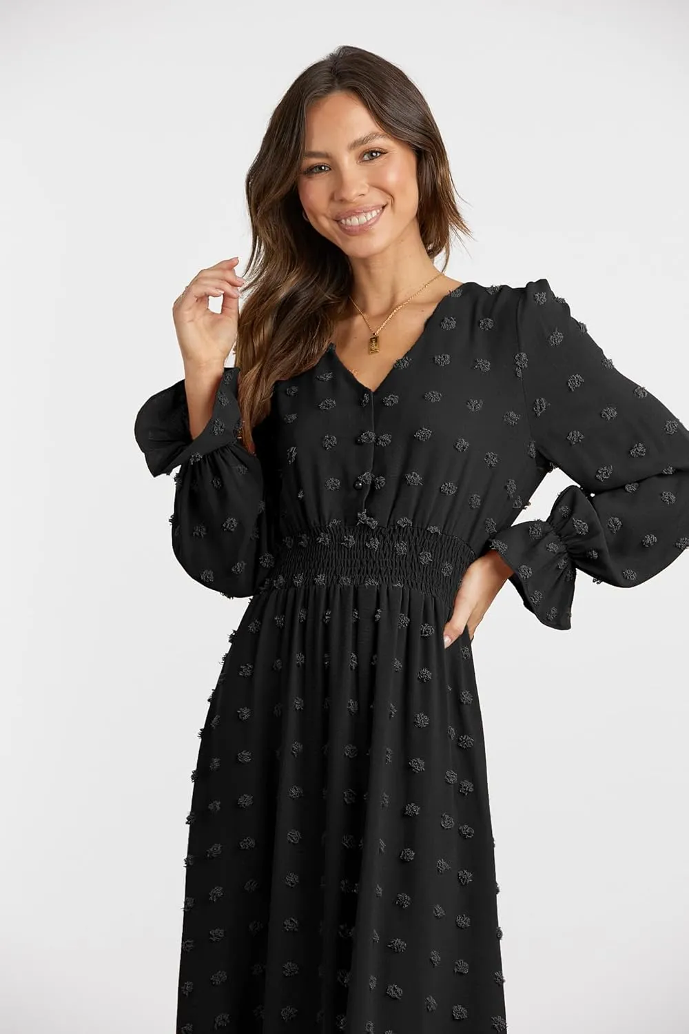 MASCOMODA Women Boho Maxi Dress 2025 Long Sleeve V Neck Swiss Dot Smocked High Waisted A-Line Ruffle Tiered Long Dress