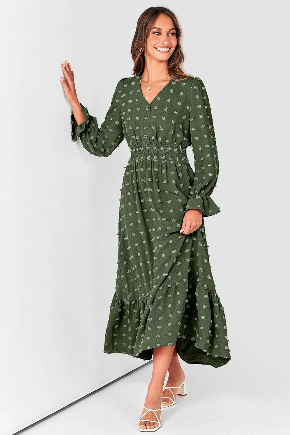 MASCOMODA Women Boho Maxi Dress 2025 Long Sleeve V Neck Swiss Dot Smocked High Waisted A-Line Ruffle Tiered Long Dress