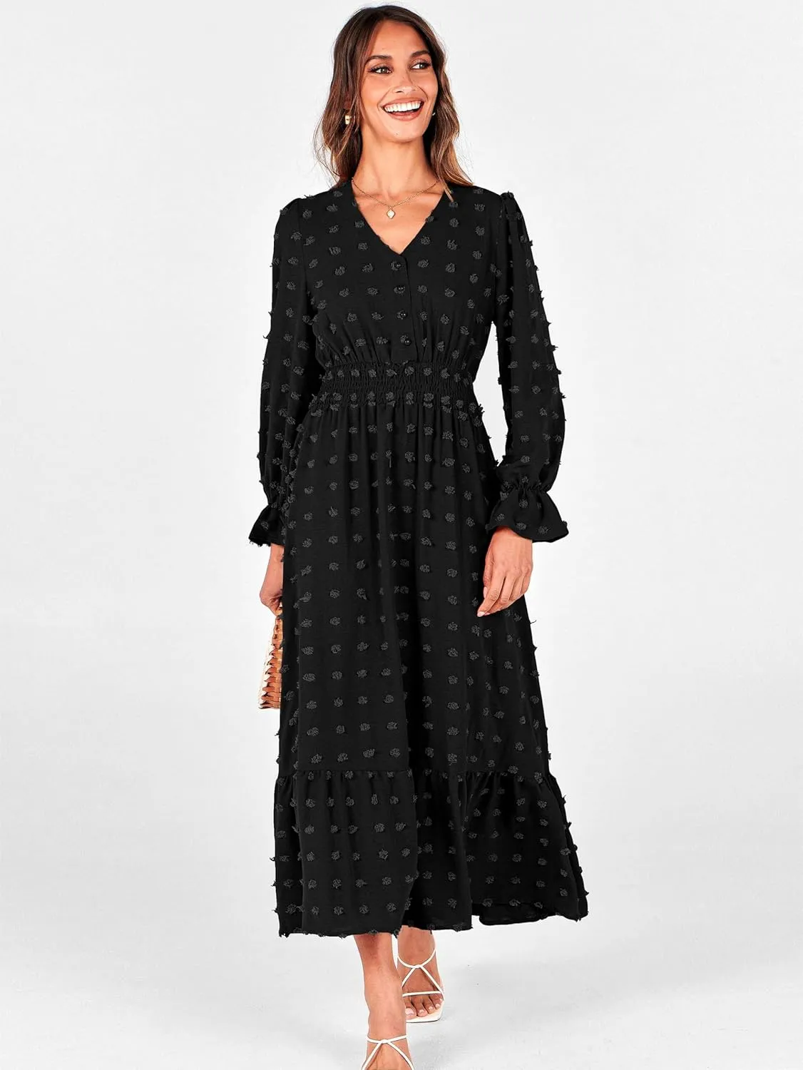 MASCOMODA Women Boho Maxi Dress 2025 Long Sleeve V Neck Swiss Dot Smocked High Waisted A-Line Ruffle Tiered Long Dress