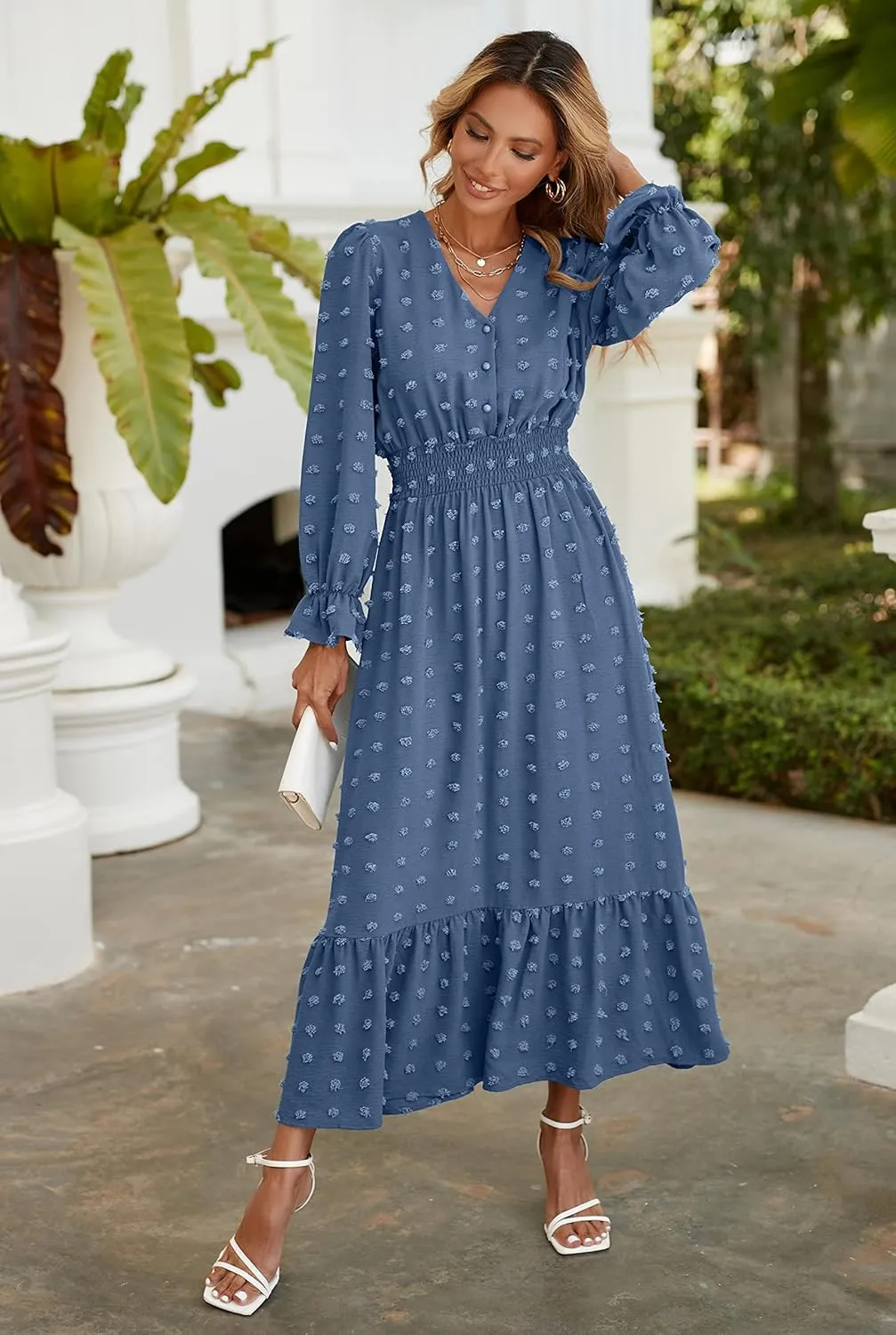 MASCOMODA Women Boho Maxi Dress 2025 Long Sleeve V Neck Swiss Dot Smocked High Waisted A-Line Ruffle Tiered Long Dress